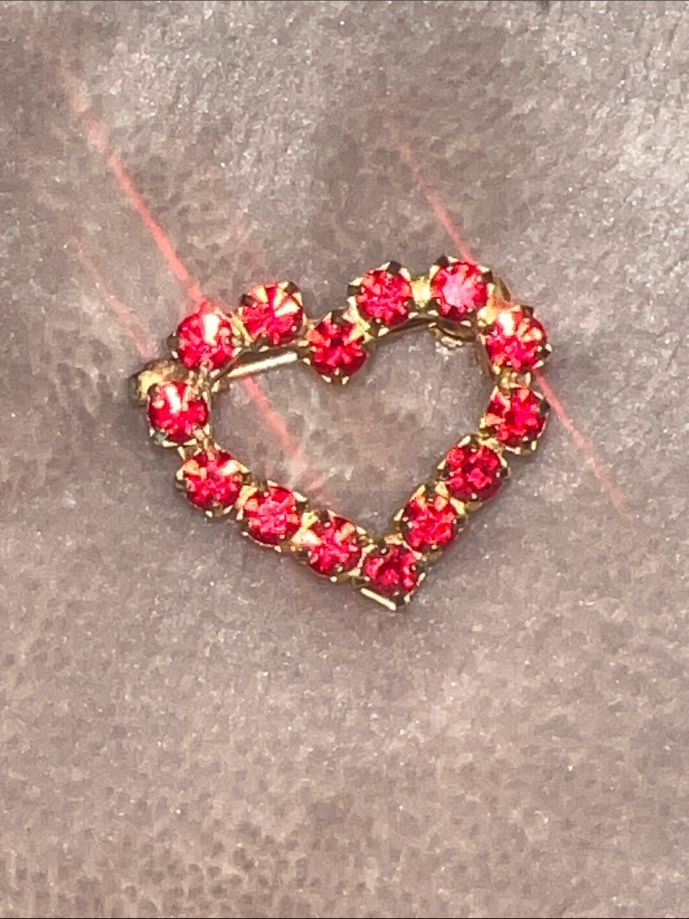 Gold Heart Pin Brooch with Red Gemstones, vintage